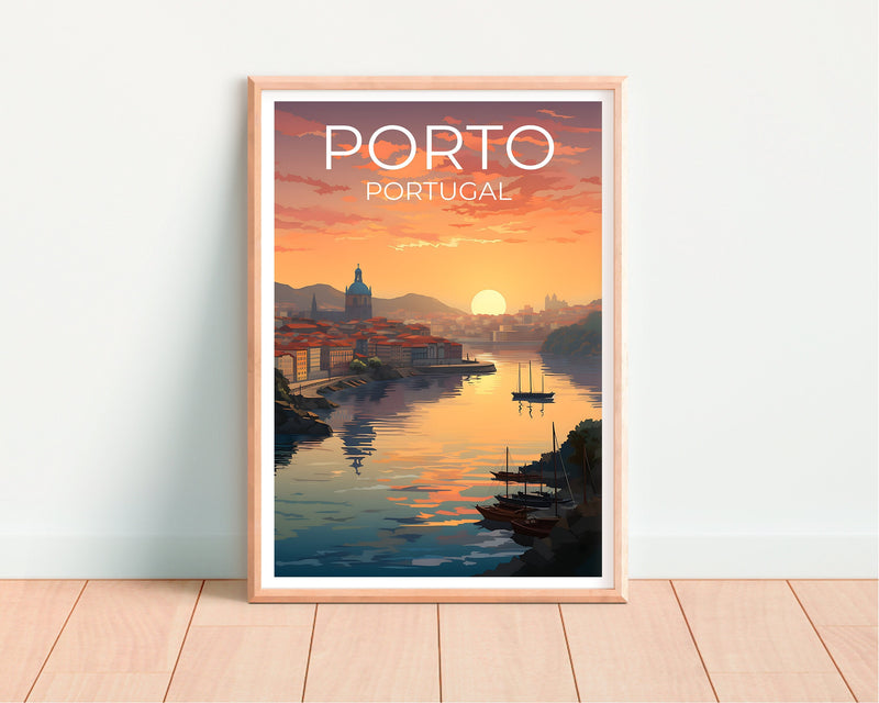 Porto Portugal Riverside Sunset Poster, Douro Boats Art Print