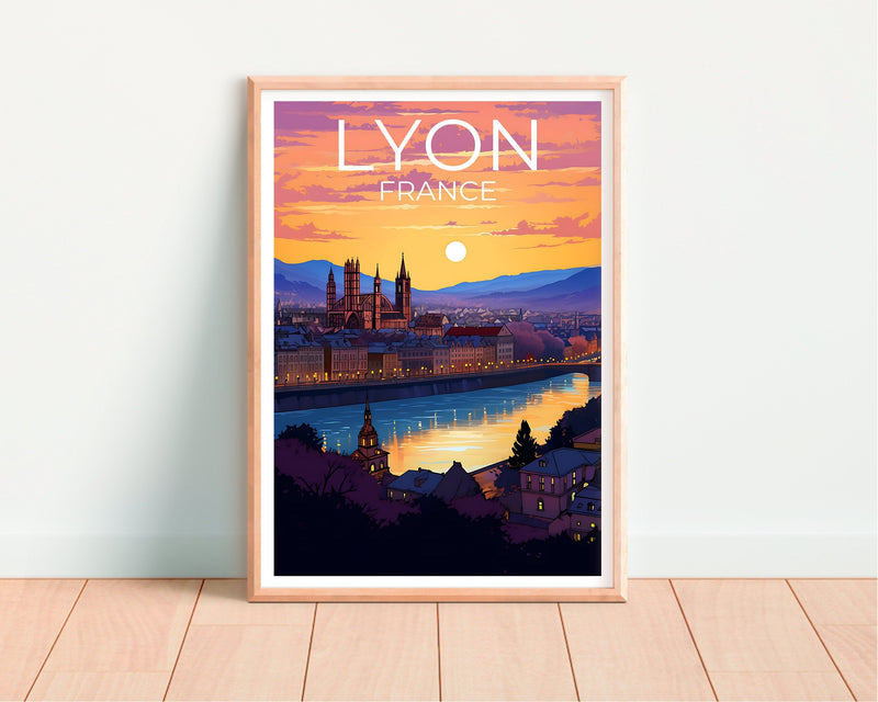 Lyon Poster, France City Sunset River Skyline Print