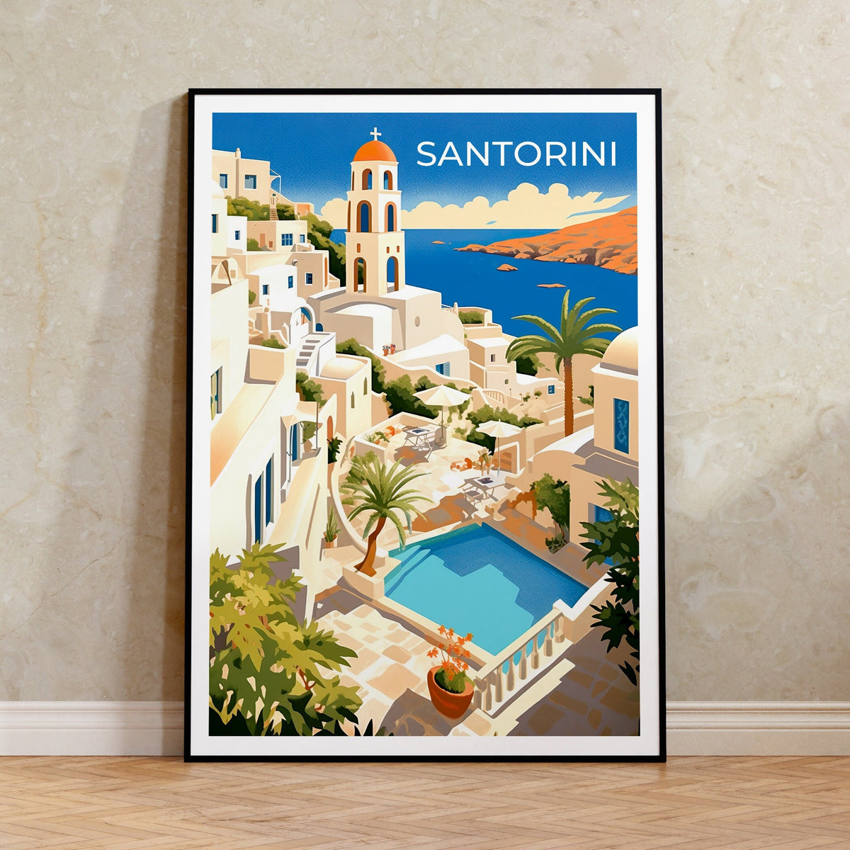 Santorini Greece Poster – White Village & Aegean Sea Art