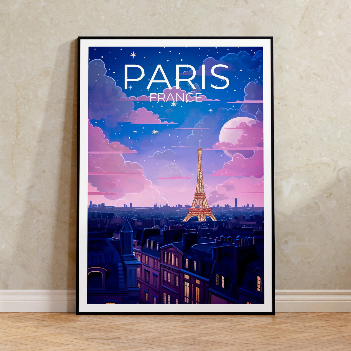 Paris France Poster – Eiffel Tower Night & Starry Sky