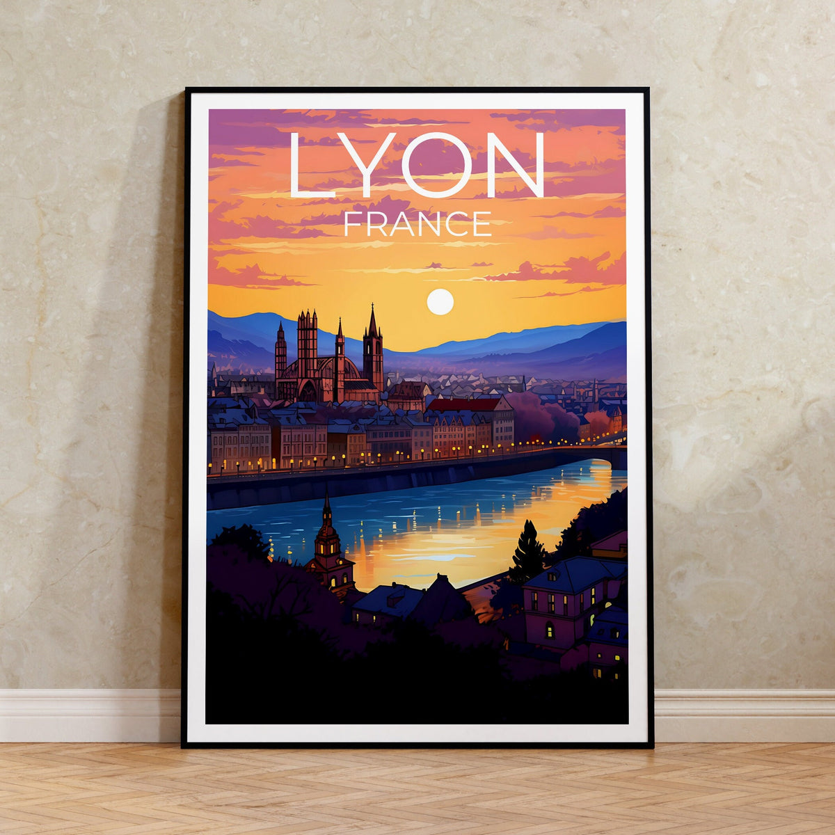 Lyon Poster, France City Sunset River Skyline Print