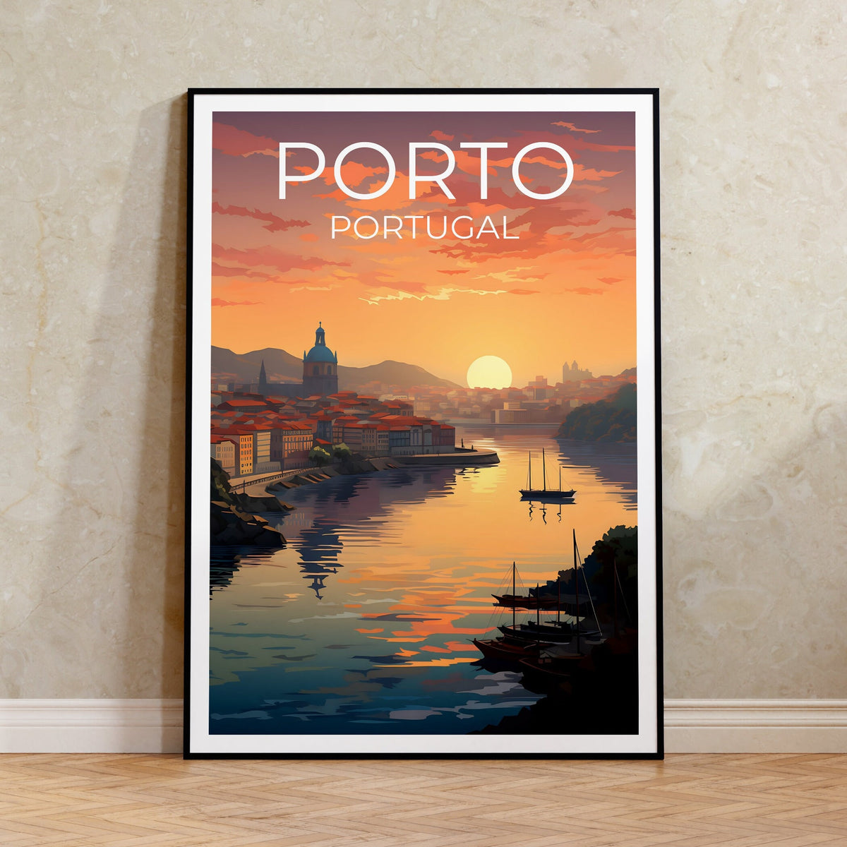 Porto Portugal Riverside Sunset Poster, Douro Boats Art Print