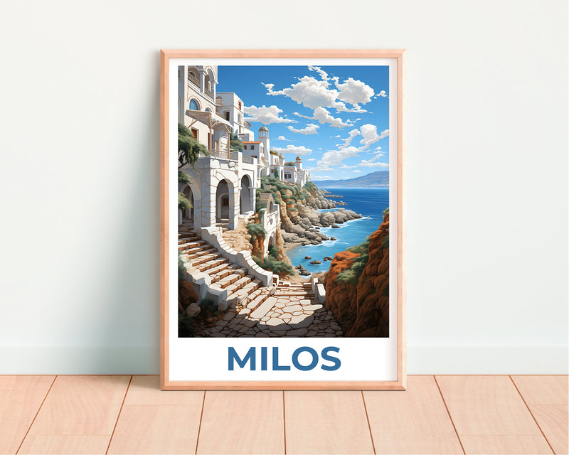 Milos Cliffside Village Stairs Print - Greece Aegean Art