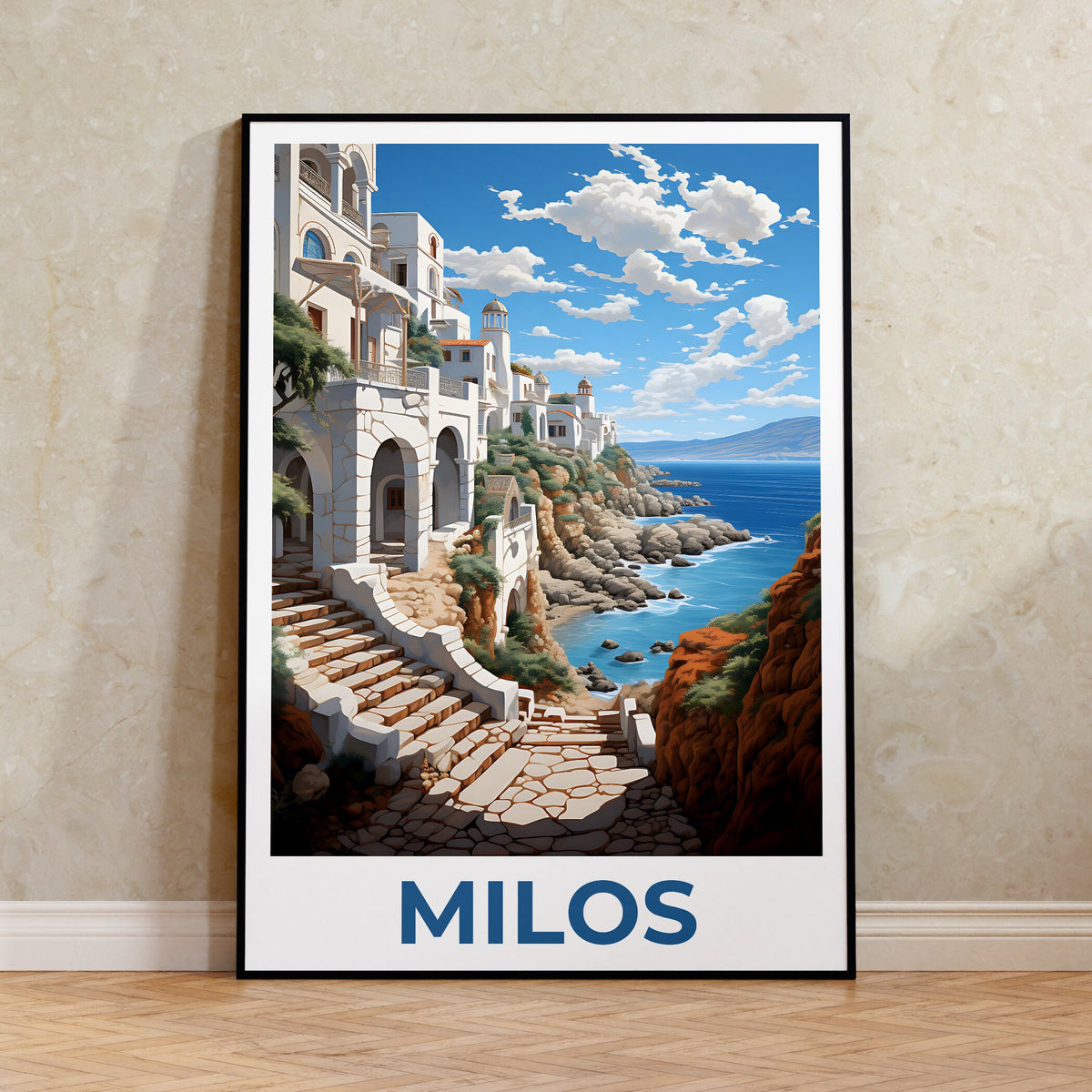 Milos Cliffside Village Stairs Print - Greece Aegean Art