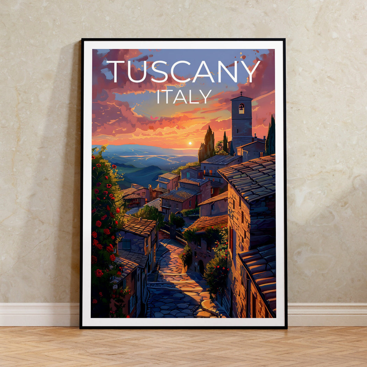 Tuscany Italy Poster, Hilltop Village Sunset Print