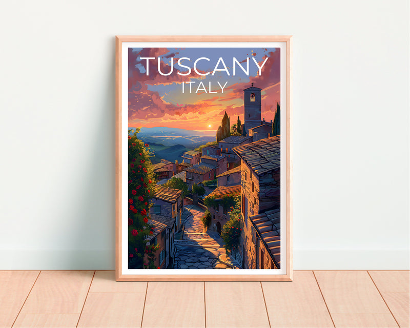 Tuscany Italy Poster, Hilltop Village Sunset Print
