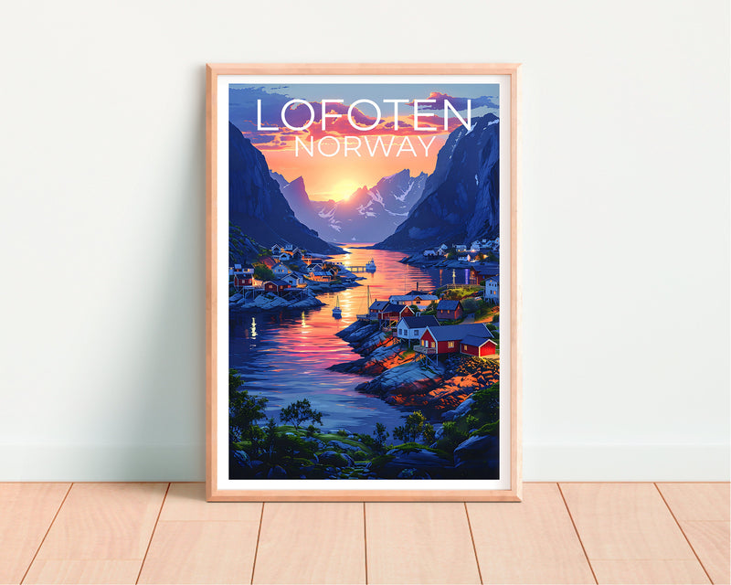Lofoten Norway Poster, Fjord Fishing Village Sunset Print