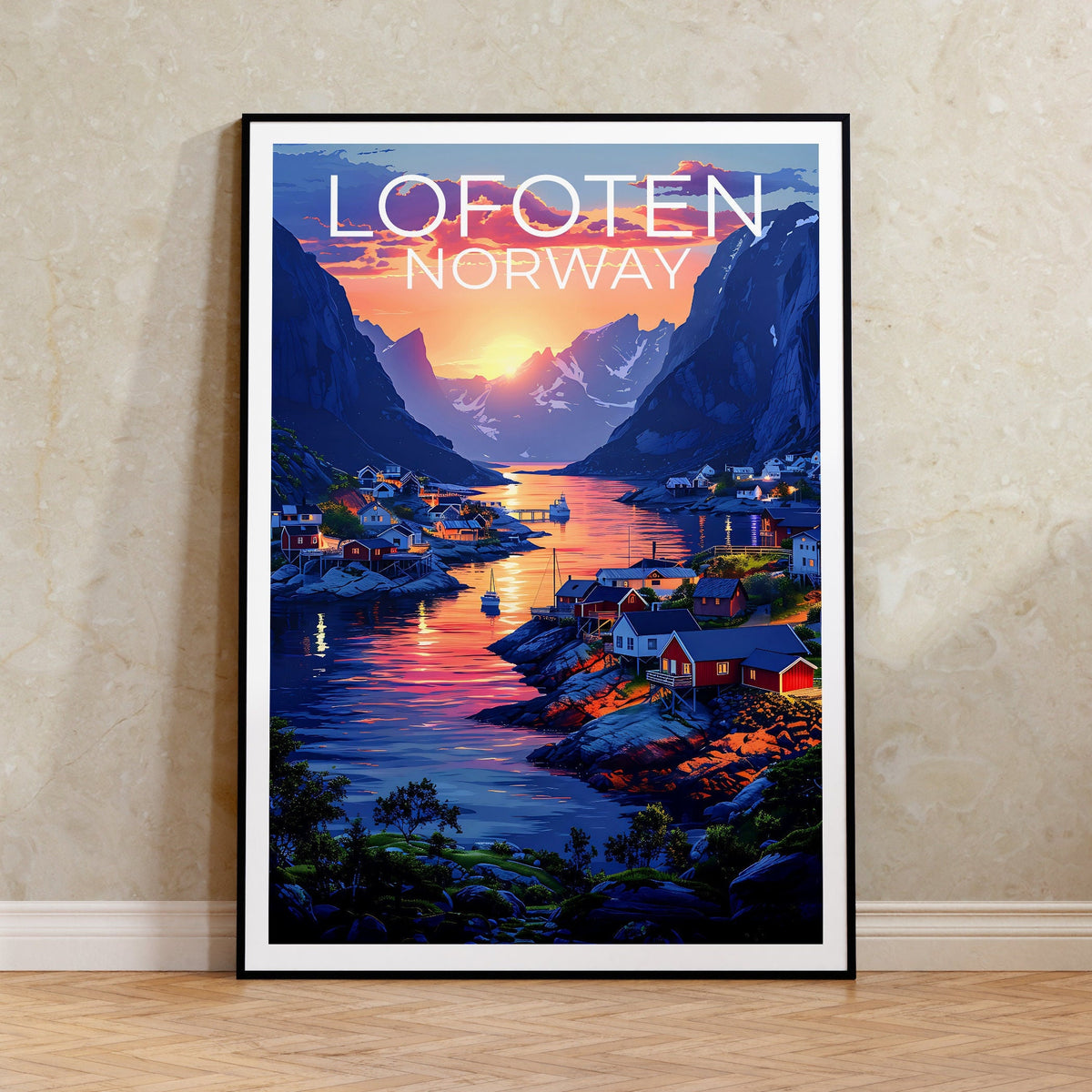 Lofoten Norway Poster, Fjord Fishing Village Sunset Print