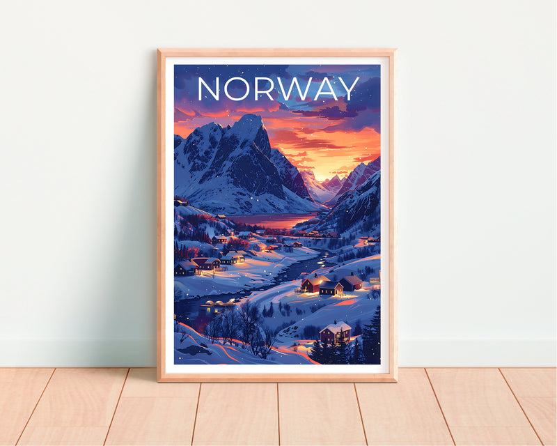 Norway Poster – Snowy Fjord Village Sunset Print