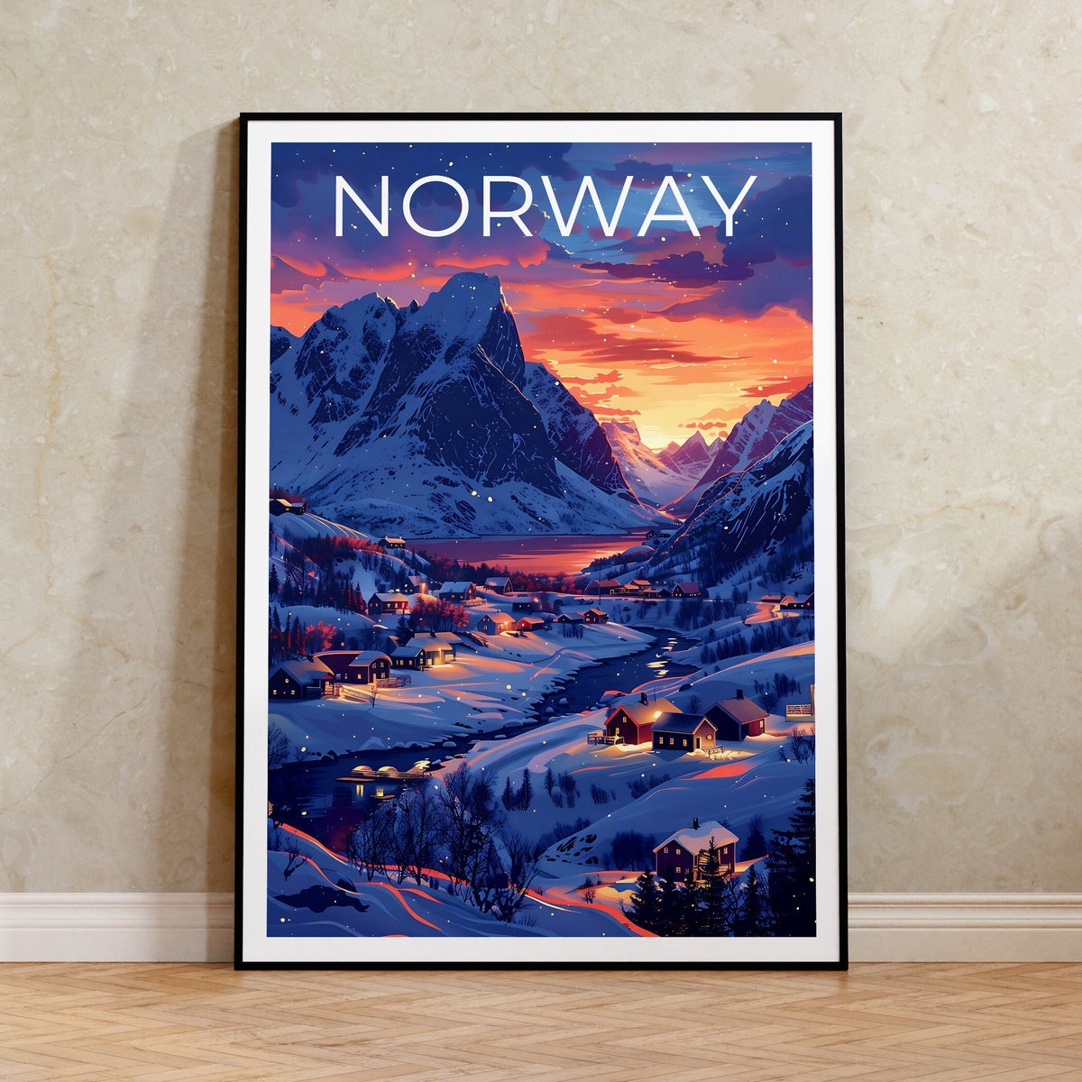 Norway Poster – Snowy Fjord Village Sunset Print