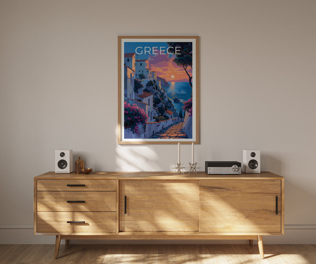 Greece Island Poster — Seaside Village Sunset Art Print
