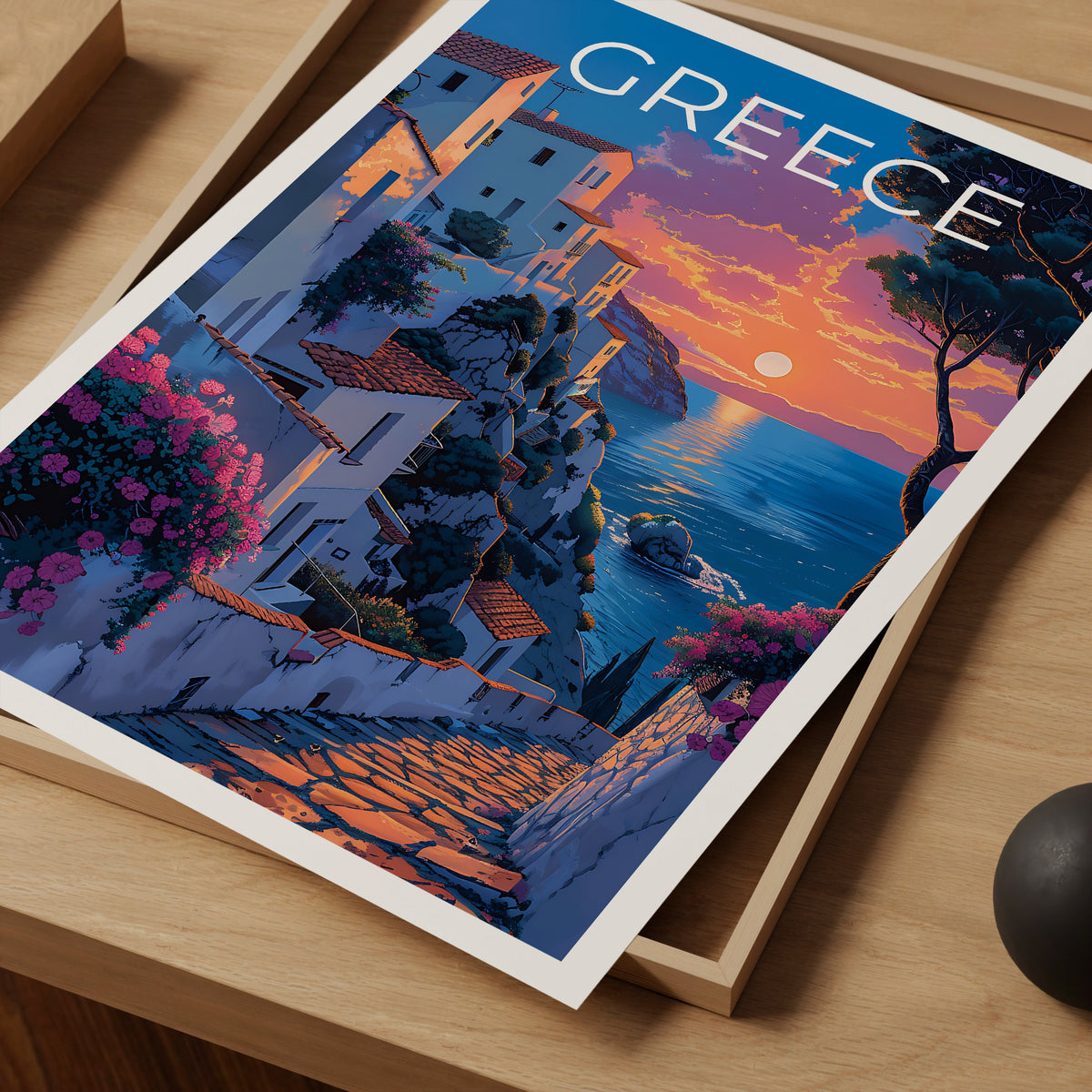 Greece Island Poster — Seaside Village Sunset Art Print