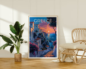 Greece Island Poster — Seaside Village Sunset Art Print