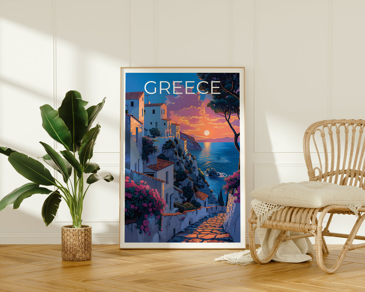 Greece Island Poster — Seaside Village Sunset Art Print