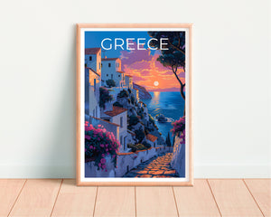Greece Island Poster — Seaside Village Sunset Art Print