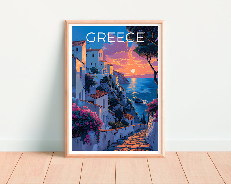 Greece Island Poster — Seaside Village Sunset Art Print