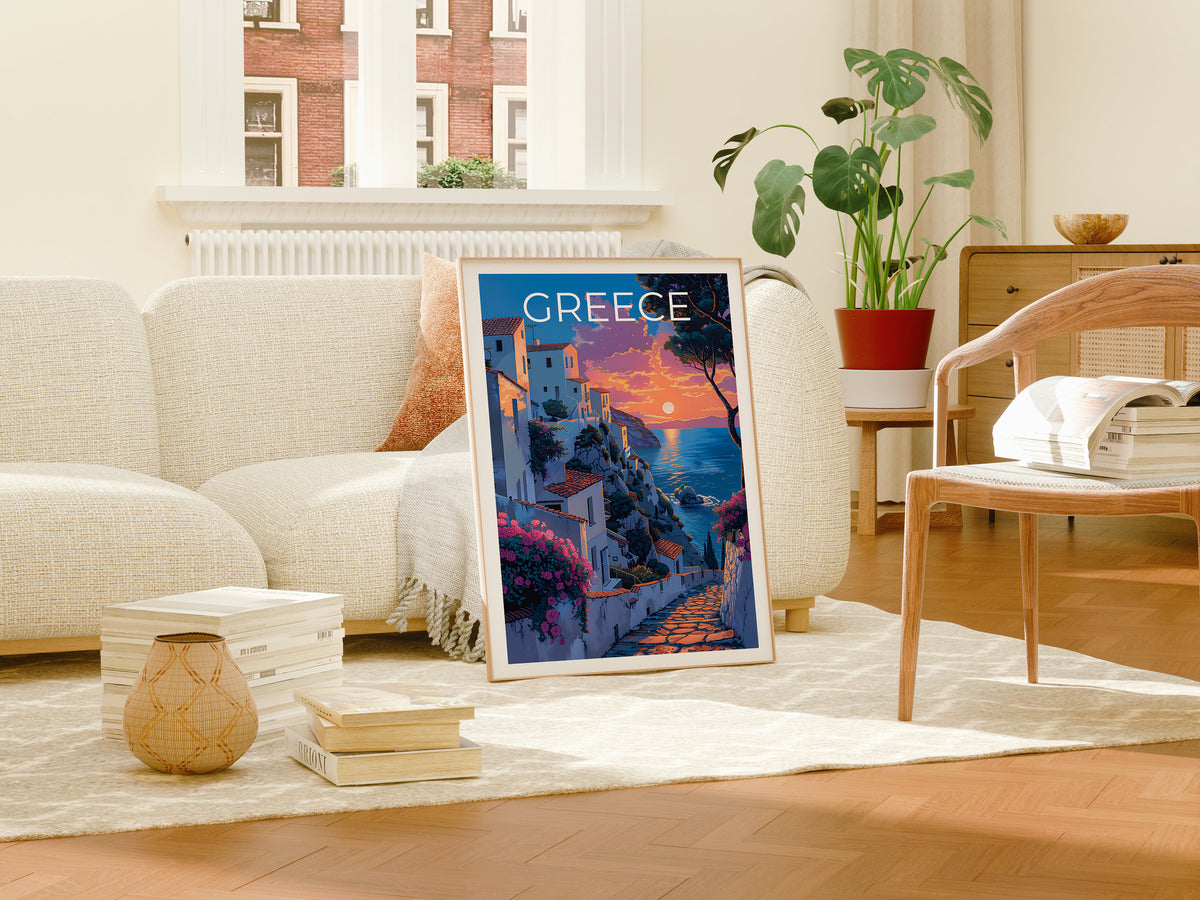 Greece Island Poster — Seaside Village Sunset Art Print
