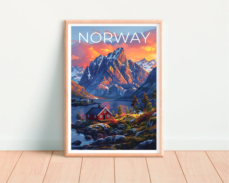Norway Fjord Snowy Peaks Poster, Red Cabin Sunset Art Print