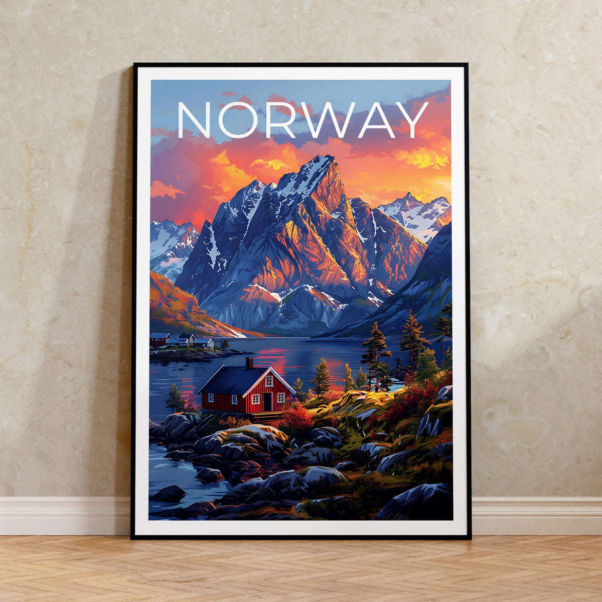 Norway Fjord Snowy Peaks Poster, Red Cabin Sunset Art Print