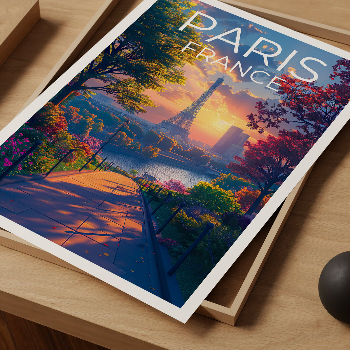 Paris Poster — Eiffel Tower Sunset Garden Path Print