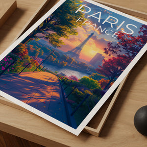 Paris Poster — Eiffel Tower Sunset Garden Path Print