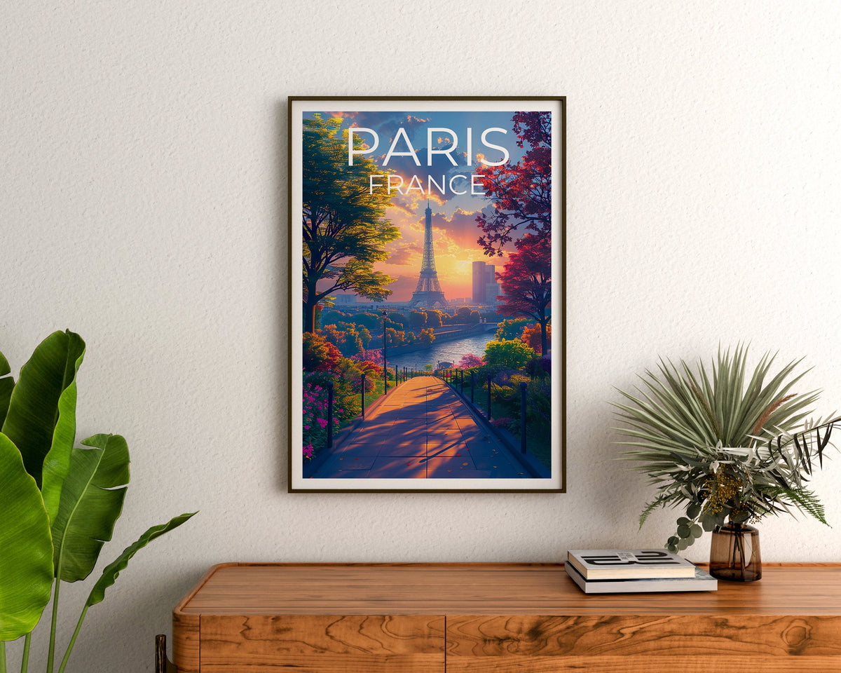 Paris Poster — Eiffel Tower Sunset Garden Path Print