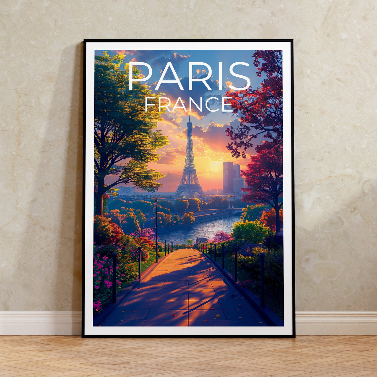 Paris Poster — Eiffel Tower Sunset Garden Path Print