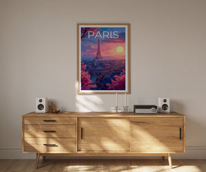 Paris Poster — Eiffel Tower Sunset Blossom Art Print