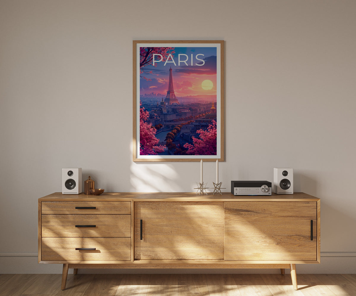 Paris Poster — Eiffel Tower Sunset Blossom Art Print