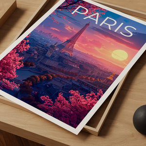 Paris Poster — Eiffel Tower Sunset Blossom Art Print
