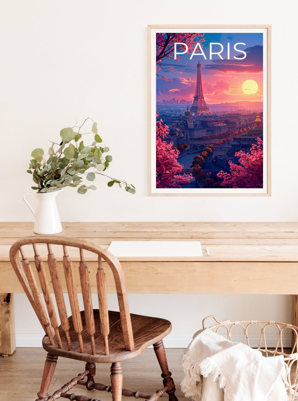 Paris Poster — Eiffel Tower Sunset Blossom Art Print