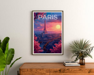 Paris Poster — Eiffel Tower Sunset Blossom Art Print