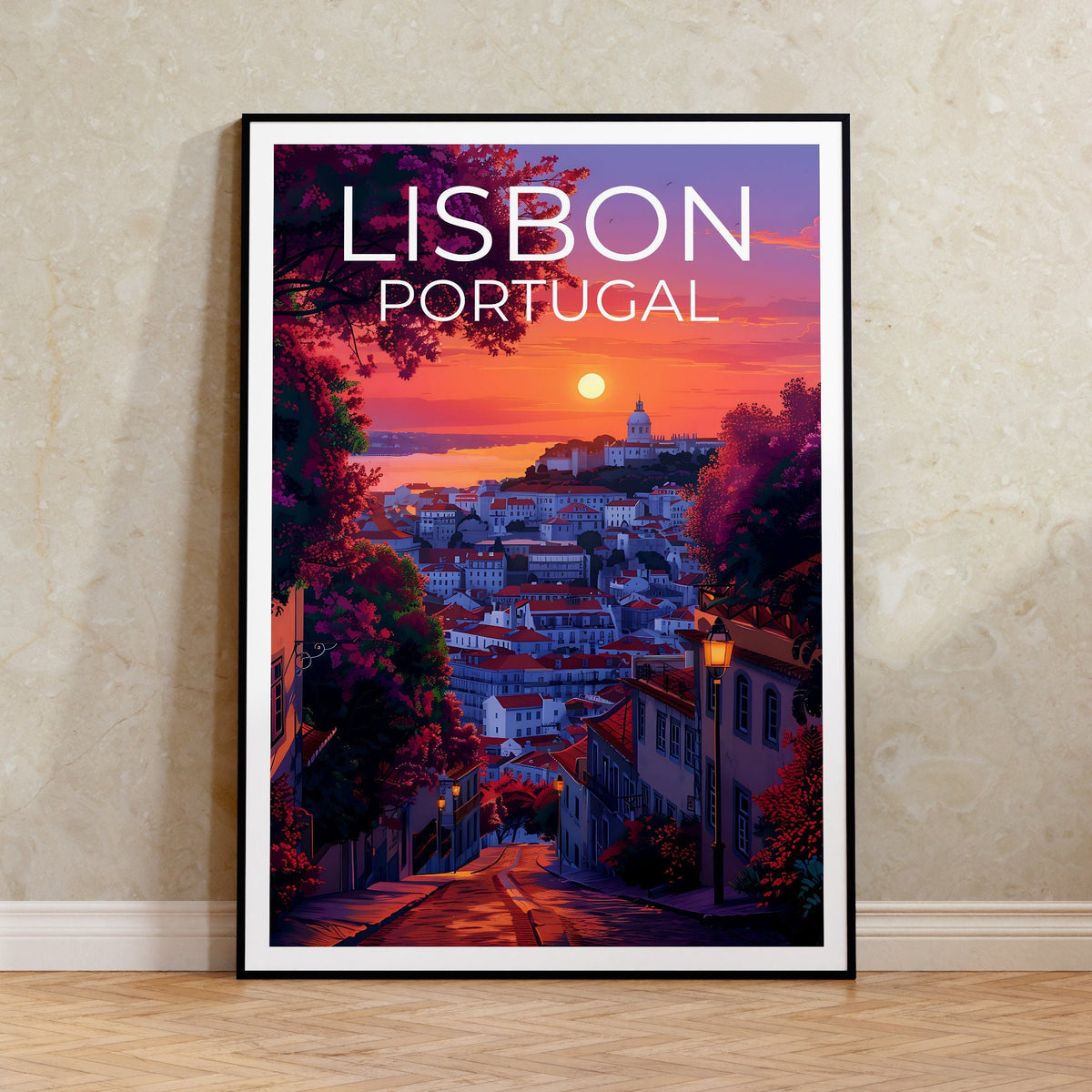 Lisbon Poster: Rooftops & Street Lamps at Sunset