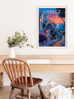 Greece Island Poster — Seaside Village Sunset Art Print