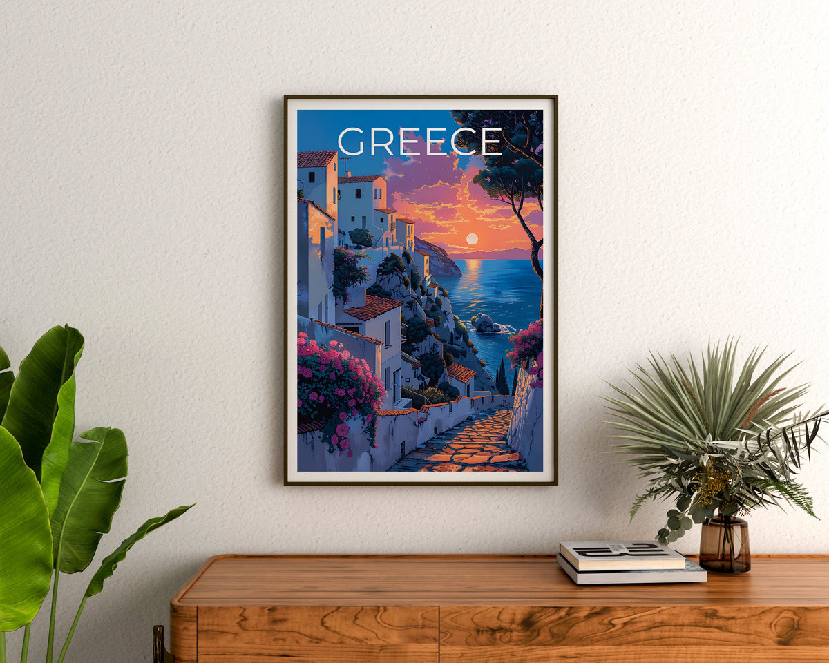 Greece Island Poster — Seaside Village Sunset Art Print
