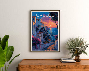 Greece Island Poster — Seaside Village Sunset Art Print