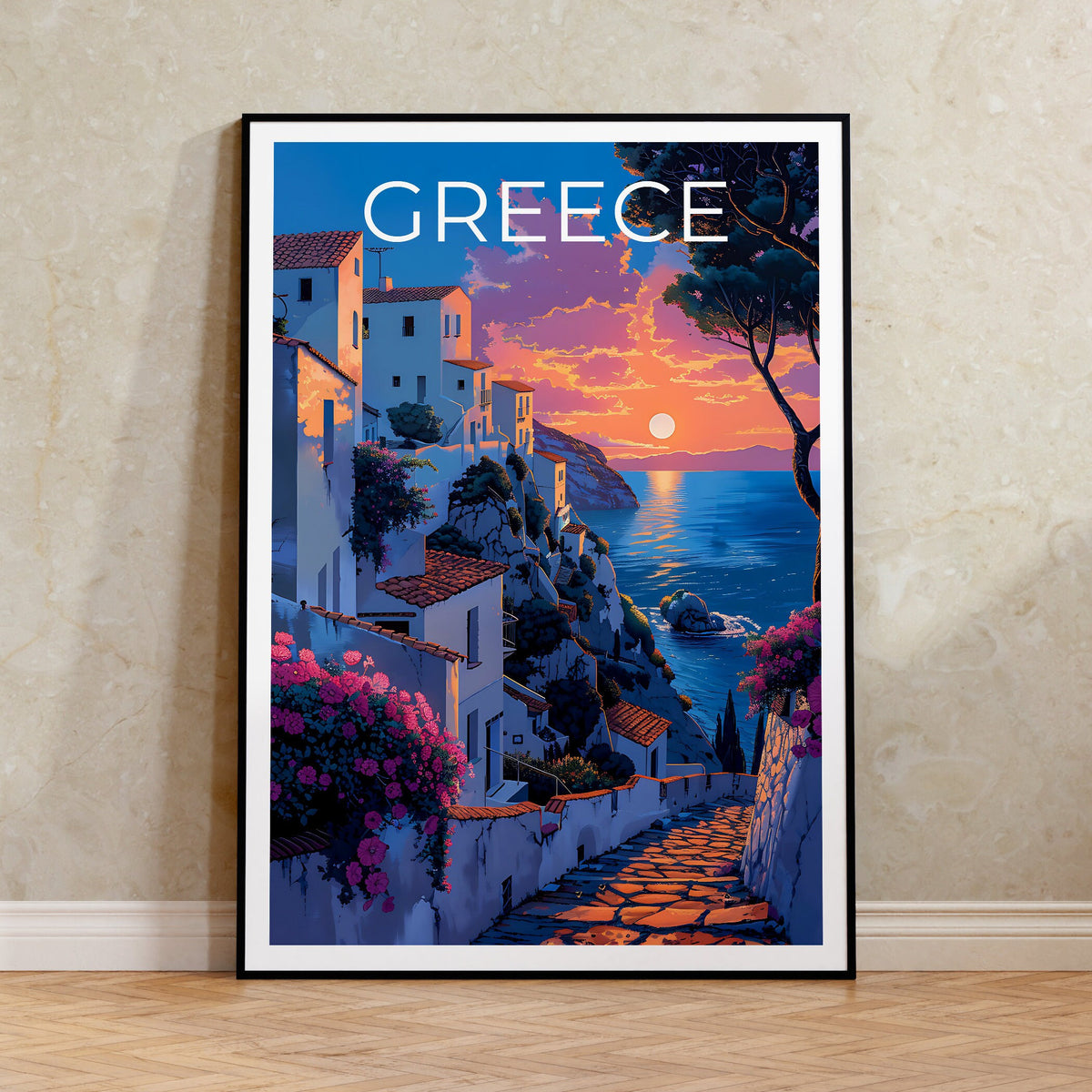 Greece Island Poster — Seaside Village Sunset Art Print