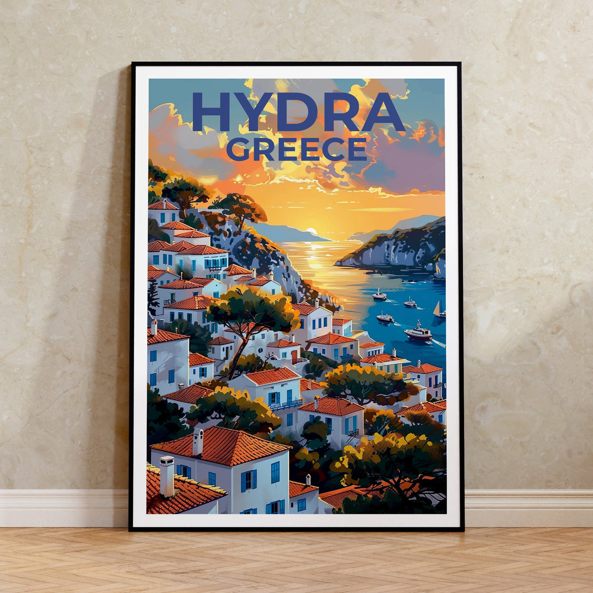 Hydra Greece Poster — Harbor Hillside Island Art Print