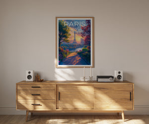 Paris Poster — Eiffel Tower Sunset Garden Path Print