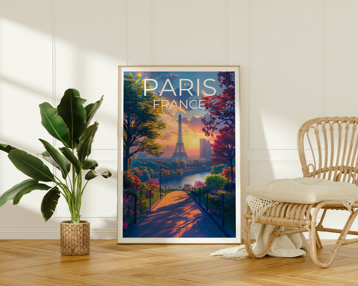 Paris Poster — Eiffel Tower Sunset Garden Path Print