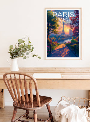 Paris Poster — Eiffel Tower Sunset Garden Path Print
