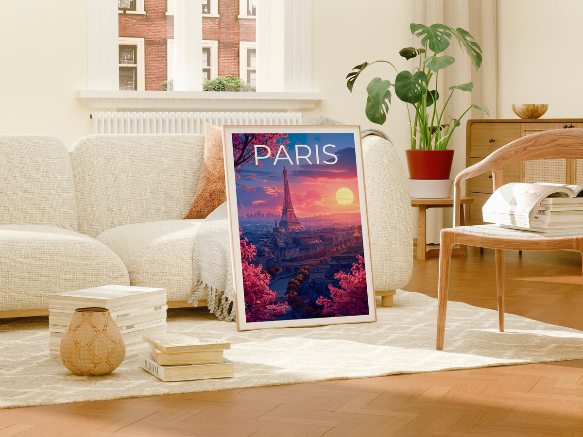 Paris Poster — Eiffel Tower Sunset Blossom Art Print