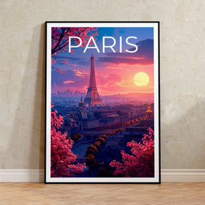 Paris Poster — Eiffel Tower Sunset Blossom Art Print