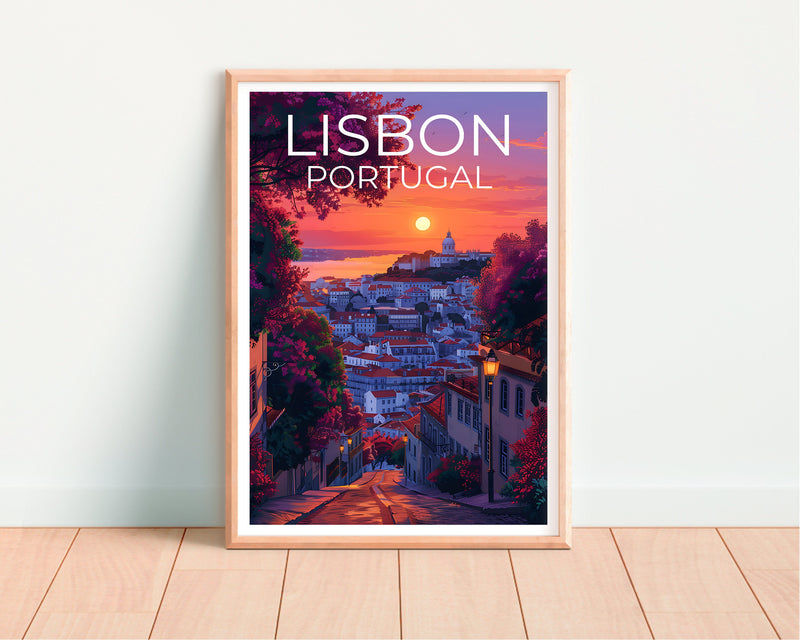 Lisbon Poster: Rooftops & Street Lamps at Sunset