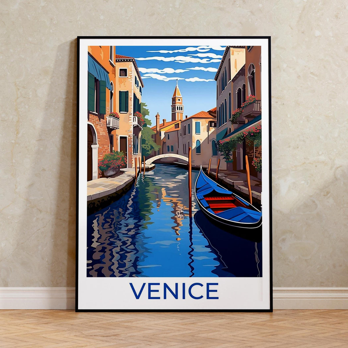 Venice Italy Poster – Gondola on Canal & Bell Tower Print
