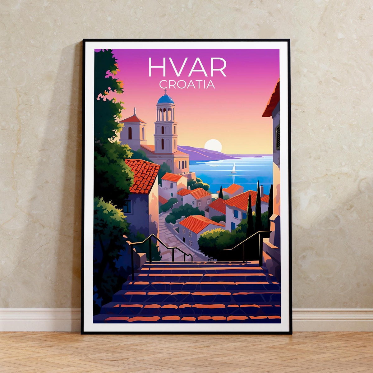 Hvar Croatia Poster: Stone Steps & Old Town Sunset