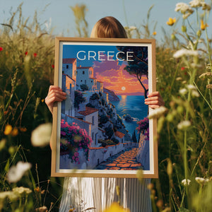 Greece Island Poster — Seaside Village Sunset Art Print
