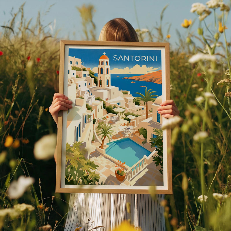Santorini Greece Poster – White Village & Aegean Sea Art