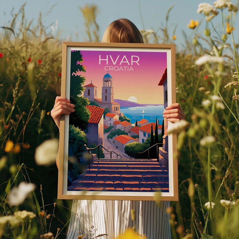 Hvar Croatia Poster: Stone Steps & Old Town Sunset