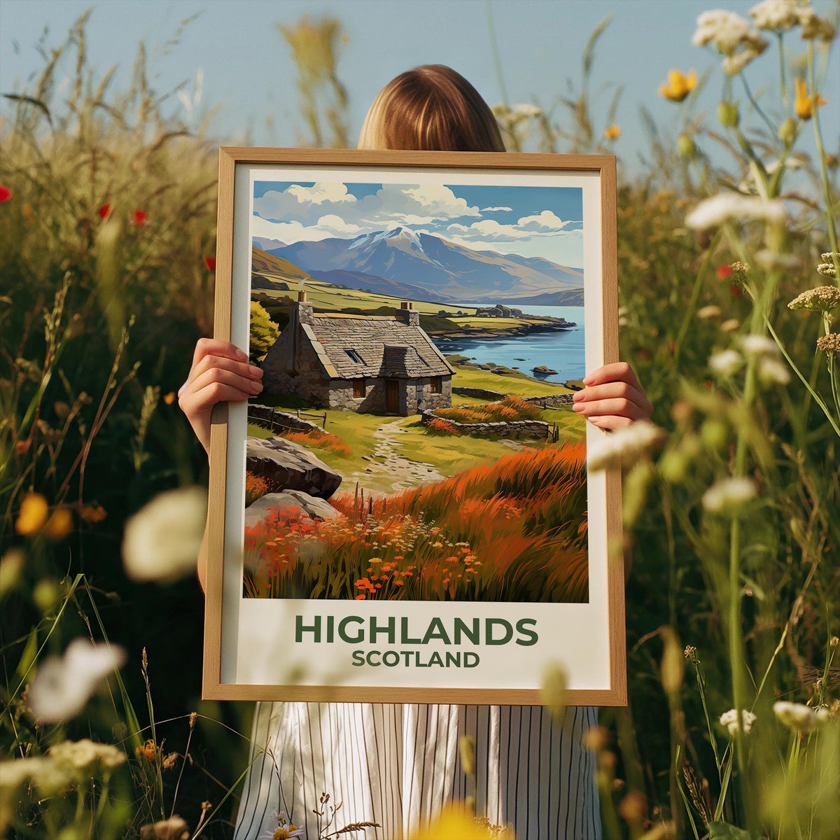 Scottish Highlands Poster — Stone Cottage by the Loch